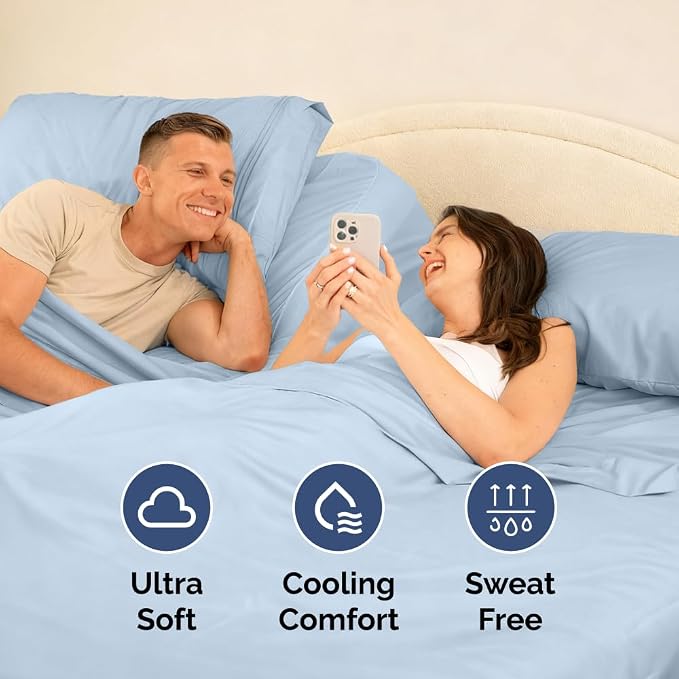 Flex Top Split Head King 4 Piece Sheet Set - Ultra-Soft, Breathable & Cooling Bed Sheets Set - Hotel Luxury Bedding for Women & Men with Deep Pockets - Wrinkle and Fade Free - Oeko-Tex - Light Blue