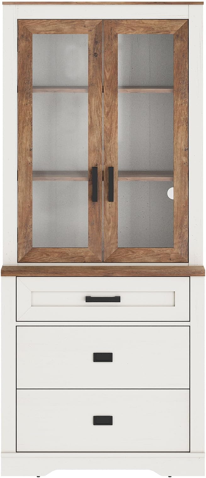 WAMPAT 73.3" Tall Bookcase with Glass Door, 31.5" Wide Rustic Wood Bookshelves with Chest of Drawers, Modern Farmhouse Display Storage Cabinet with Adjustable Shelves for Home,Office,White&Oak