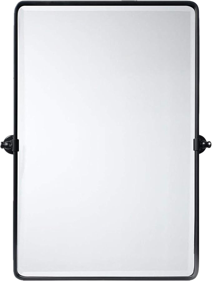 TEHOME Matt Black Pivot Rectangle Bathroom Vanity Mirrror Farmhouse Tiltable Rounded Metal Framed Pivoting Bathroom Mirror with Beveled Mirrror, Overall 27 x 35 inches (Mirrror 23 x 35 inches)