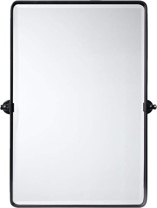 TEHOME Matt Black Pivot Rectangle Bathroom Vanity Mirrror Farmhouse Tiltable Rounded Metal Framed Pivoting Bathroom Mirror with Beveled Mirrror, Overall 27 x 35 inches (Mirrror 23 x 35 inches)