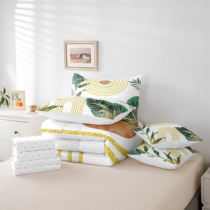 Erosebridal Modern Boho Green Bedding Set King Minimalist Mid Century Comforter Set 7 Piece Simple Aesthetic Art Bed in A Bag for Adults Minimalism Plant Quilt with Flat Fitted Sheet