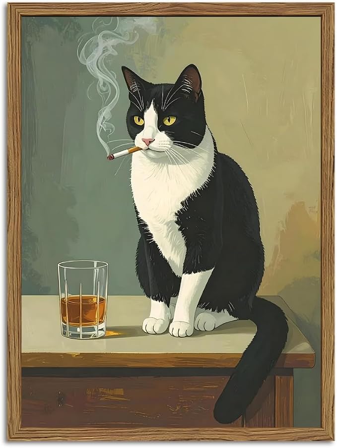 Funny Cat Wall Art Cute Black and White Tuxedo Cat with Cigarette Wall Decor Painting Vintage Animal Bar Poster Canvas Picture Print for Living Room Bedroom 12x16 inch Wood Framed