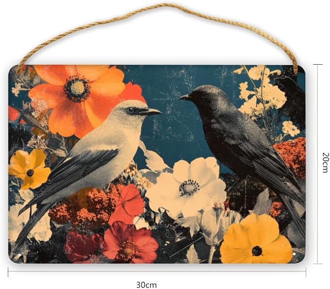 Black Bird in Red & White Flower Collage Wooden Sign 12x8 Inch - Eclectic Office Decor for Retro Lovers - Great Gift for Bold Home Accent Admirers
