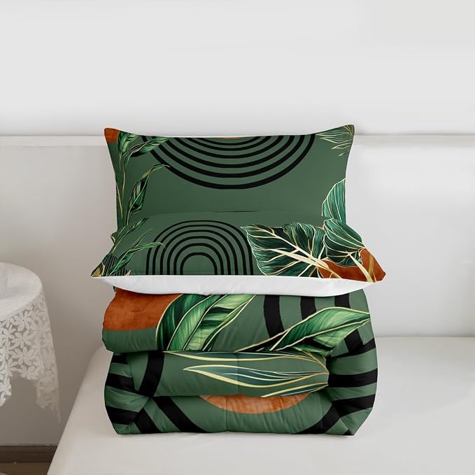 Erosebridal Mid Century Green Queen Comforter Set Boho Minimalist Aesthetic Bedding Set for Kids Boys Girls Modern Plant Botanical Palm Leaf Comforter Abstract Retro Geometric Neutral Quilt Duvet
