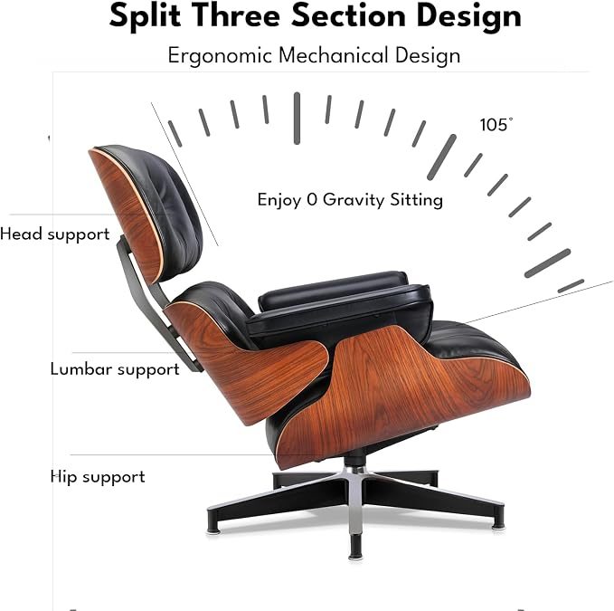 Top Black Grain Leather, Mid Century Chaise Lounge Chair and Ottoman, Accent Chair, Modern Chair, Classic Design, Heavy Duty Base Support for Living Room Lounge Office, Palisander, Heightening