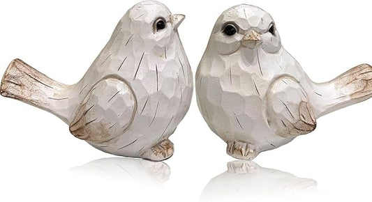 KiaoTime Farmhouse Bird Decor Resin Bird Figurines - Set of 2, Vintage & Modern Bird Decor Statue for Home Decor Accents, Cottage Bird Ornaments Decoration New White Carved Rustic Bird Figurine