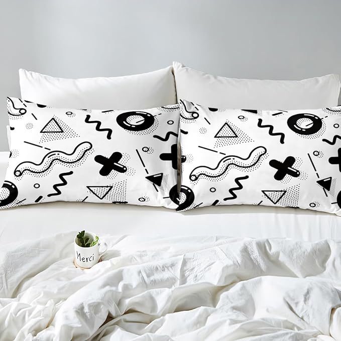 Manfei Memphis Duvet Cover Set King Size, Retro 80s 90s Fashion Style Comforter Cover with 2 Pillowcases, Geometric Black White Bedding Set 3pcs for Kids Boys Lightweight Bedspread Cover,No Comforter