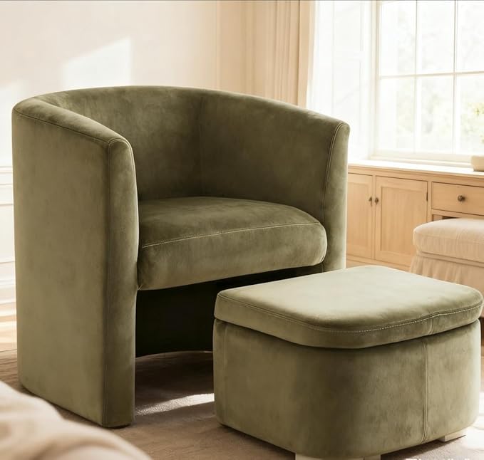 COLAMY Velvet Morden Living Room Chair with Storage Ottoman, Barrel Accent Chair with Lounge Seat for Bedroom/Reading Spaces, Green, Rubberwood, Sponge Foam, Velvet