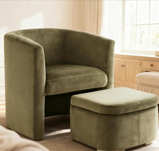 COLAMY Velvet Morden Living Room Chair with Storage Ottoman, Barrel Accent Chair with Lounge Seat for Bedroom/Reading Spaces, Green, Rubberwood, Sponge Foam, Velvet