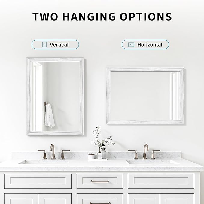White Wood Effect Framed Wall Mirror, 24x32 Rectangle Mirror, Anti-desilvering Tempered Glass, Sustainable& Sturdy Frame, Anti-Rust, HD Reflection &3min Fast Setup for Bathroom Living Room