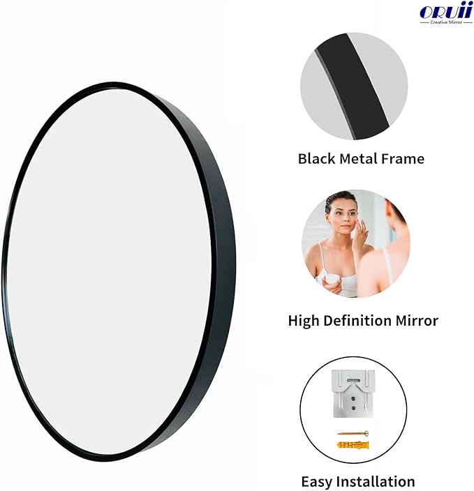 Oruii Black Circle Mirror, 22 inch Round Mirror Metal Frame, Black Bathroom Mirrors for Bedroom, Bathroom, Living Room, Over Sink, Rustic, Vanity