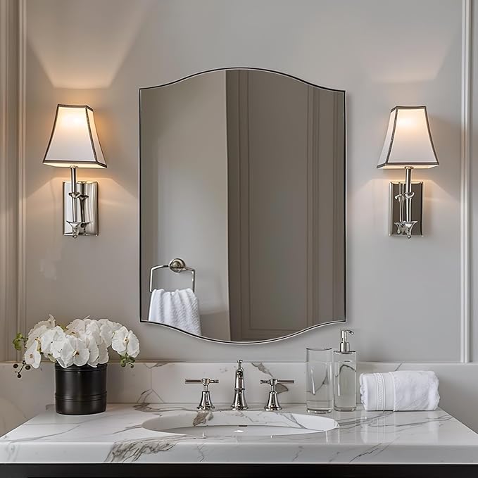ANDY STAR Scalloped Bathroom Mirror，24"x32" Polished Chrome Rectangle Wall Mirror with Curved Edge Stainless Steel Metal Frame, Silver Vanity Wall-Mounted Mirror for Bathroom, Entryway