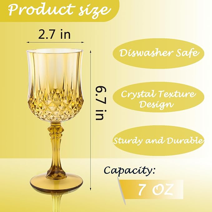 Plastic Wine Glasses, Plastic Goblets Vintage Style Cordial Drinking Glasses for Valentine’s Day, Wedding Reception, Grand Event Party Supplies (12, Gold)
