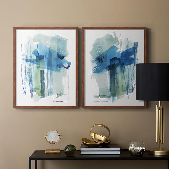 Renditions Gallery Set of 2 Peel & Stick Framed Prints, Modern Abstract Wall Art, Blue and Neutral Bold Brushstrokes Wall Decor, Re-Stickable - Ready to Hang - 22"x28" - Walnut Frame LT588