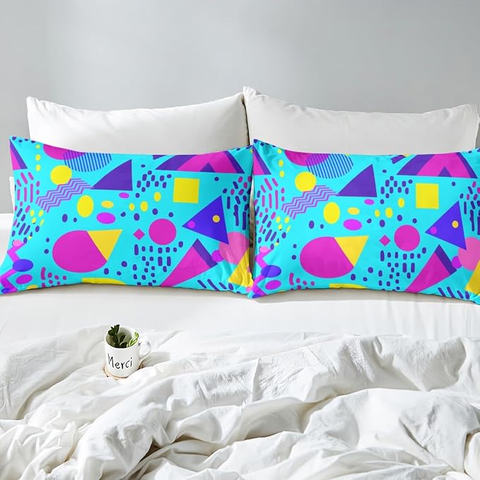 80s Bedding Set Memphis Pattern Old Fashion Comforter Cover,Vintage 90s Memphis Style Duvet Cover Abstract Geometric Pattern Retro Bed Set Full,Rainbow Urban Modern Circles Triangle Room Decor