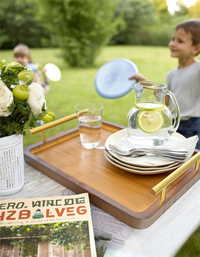 Bamboo Serving Tray with Gold Handles - Small Wood Serving Tray for Breakfast in Bed, Coffee Table, Dinner & bar - Decorative Bed Table Tray for Kitchen or Bedroom（11.8" x 7.5" x 2"）