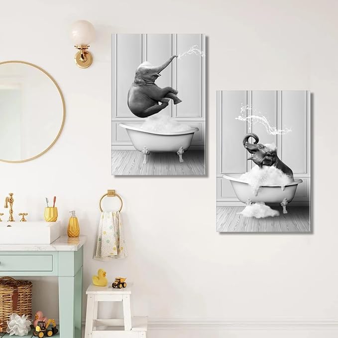 Framed Bathroom Wall Art Funny Kids Bathroom Decor Black and White Canvas Wall Art Pictures Elephant Bathing Animals Abstract Prints for Bedroom Poster 16x24x2Inch Ready to Hang