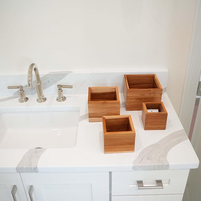 EcoDecors, Eleganto, 4 Piece, Teak Wood Bathroom Amenities Set, Teak Bath Amenity Set, Bathroom Accessory, in Natural Color
