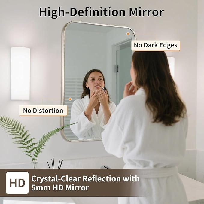 Brushed Nickel Mirror, 24x32 Inch Brushed Nickel Rectangle Mirror, Aluminum Alloy Framed Vanity Mirror, Rounded Rectangle Bathroom Mirror for Over Sink, Anti-Rust
