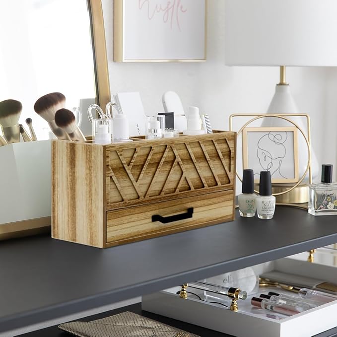 BLU MONACO | Natural Wood Desktop Pen Organizer with Drawer | Wooden Pen Holder & Stationery Organizer with 6 Compartments | Desk Storage for Office, Art Supplies & Home