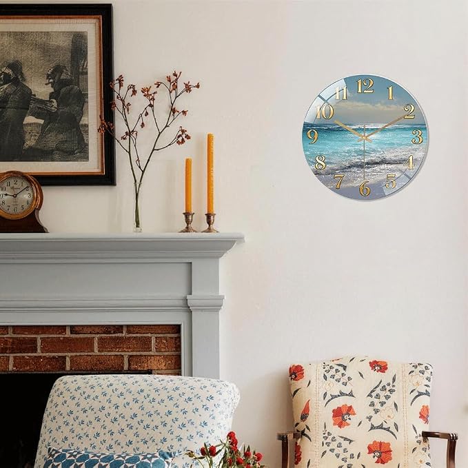 16 Inch Ocean Beach Glass Wall Clock Silent Coastal Art Decor | Silent glossy wall clock featuring a stunning ocean beach scene, perfect for adding a coastal vibe to living room or bedroom