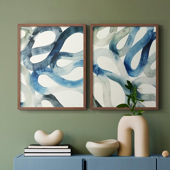 Renditions Gallery Set of 2 Peel & Stick Framed Prints, Watercolor Abstract Wall Art, Aquatic Water and Sand Strokes Wall Decor, Re-Stickable - Ready to Hang - 16"x20" - Walnut Frame LT588