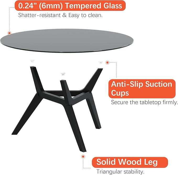 Glass Coffee Table - Round Coffee Table with Clear Tempered Glass Top, Modern Low Minimalist Center Table, Sturdy Solid Wood Coffee Table for Living Room Home Office, Black