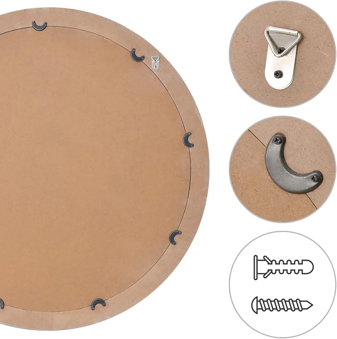 sawsile Rustic Farmhouse Mirror,24" White Natural Wooden Circle Wall Mirror,Round Decorative Wall Hanging Mirror with Beads for Bedroom, Living Room or Entryway