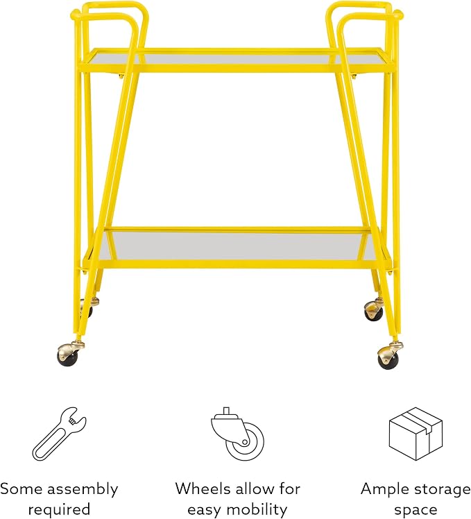 Linon Gina Yellow Mid Century Bar Cart with Mirrored Shelves