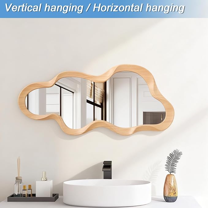 Asymmetrical Mirror for Wall Decor Modern Wooden Framed Irregular Mirrors Unique Shape Wall Mounted Vanity Artistic Wavy Mirror Decorative for Living Room Bedroom Bathroom Entryway 30"x14"