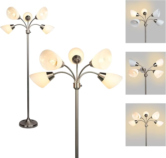 FIRVRE Multi Arm Floor Lamp Standing Lamp, Reading Floor Light with Adjustable Arms 5 Head PVC Lampshade,Sand Nickel Modern Tall Metal Lamps,Floor Lamp for Living Room, Bedroom,Dining Room