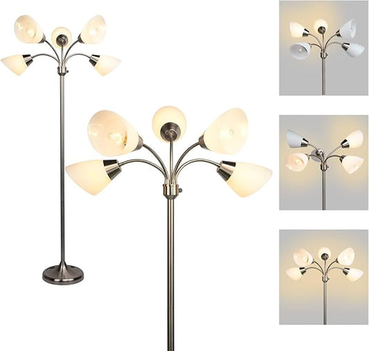 FIRVRE Multi Arm Floor Lamp Standing Lamp, Reading Floor Light with Adjustable Arms 5 Head PVC Lampshade,Sand Nickel Modern Tall Metal Lamps,Floor Lamp for Living Room, Bedroom,Dining Room