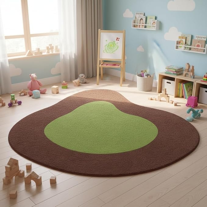 Non Slip Irregular Shaped Area Rug 10ft Contemporary Aesthetic Irregular Rug for Living Room Bedroom Diningroom Office Minimalist Boho Playroom Nursery Dorm Low Pile Shag Washable Carpet Green Maroon