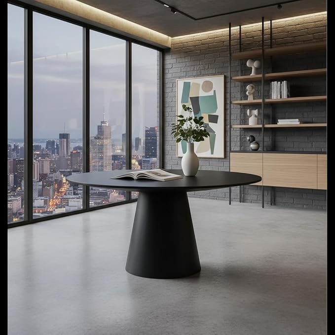 47" Round Dining Table for 4-6, Modern Mid Centery Farmhouse Wood Round Kitchen Table for 4-5 People with Circle Pedestal Base for Dining Room Living Room Dinner Restaurant Furniture, Black