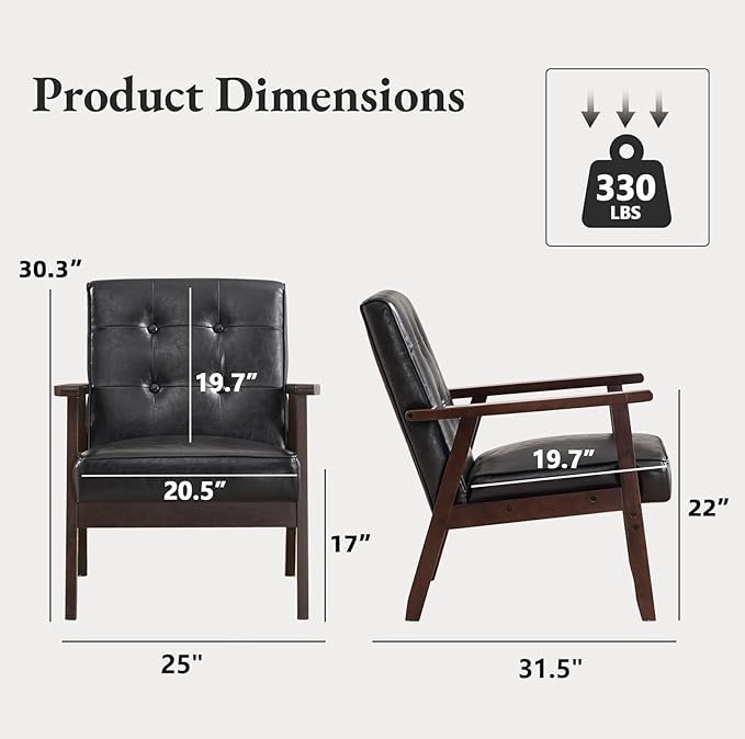 Bonzy Home Mid Century Modern Accent Chairs Set of 2 for Living Room, Upholstered Faux Leather Armchair Comfy Retro Bedroom Side Chair with Solid Wood Frame, Black