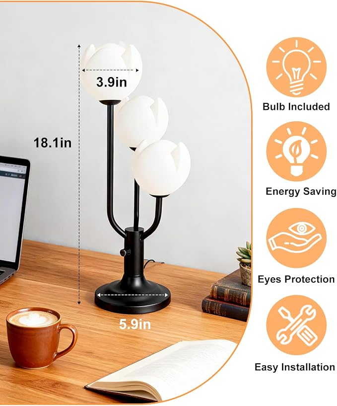 Lightdot Flower Table Lamp for Living Room Modern 3-Light Modern Mid Century Cute Desk Lamp 3000K Warmwhite Dimmable Bedside Nightstand Lamp for Bedroom Reading-Black