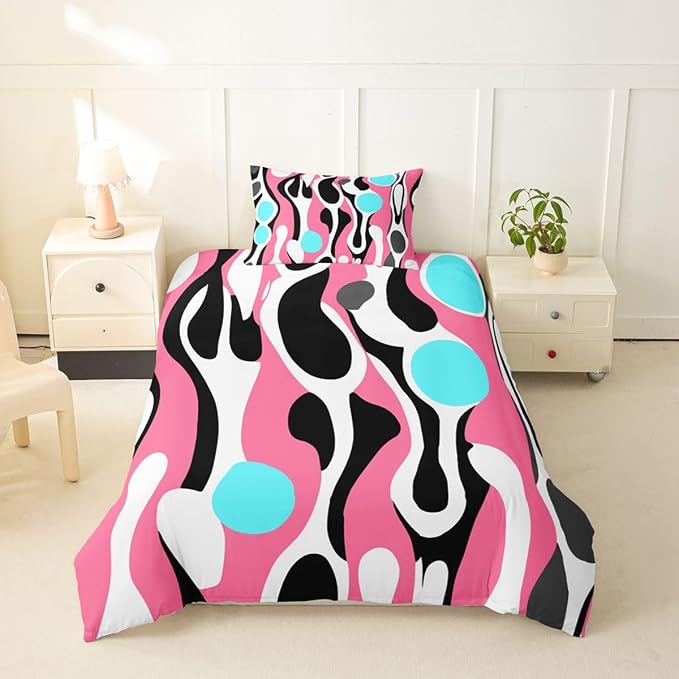 Mid Century Modern Abstract Duvet Cover Set Vintage Geometric Girl Toddler Bedding Set for Preteen Boys Girls Contemporary Organic Shapes Comforter Cover Squiggle Blob Bed Sets,Pink Turquoise