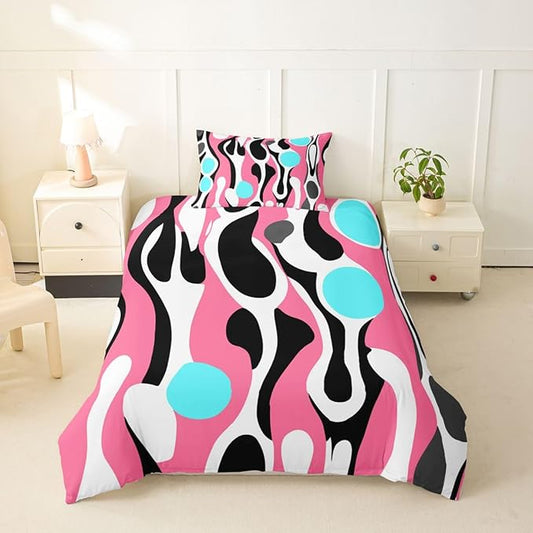Erosebridal Mid Century Modern Abstract Duvet Cover Set Vintage Geometric Twin Bedding Sets for Girls Preteen Boys Contemporary Organic Shapes Comforter Cover Squiggle Blob Bed Set,Pink Turquoise