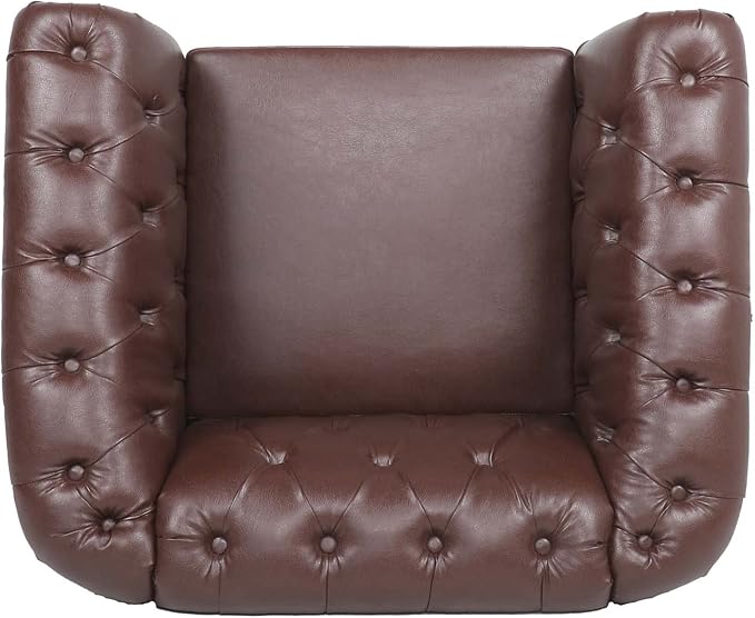 LEVNARY Leather Chesterfield Chair, Mid-Century Modern Single Sofa Chair, Tufted Upholstered Rolled Armchair for Home Bedroom Reading Room (Dark Brown)