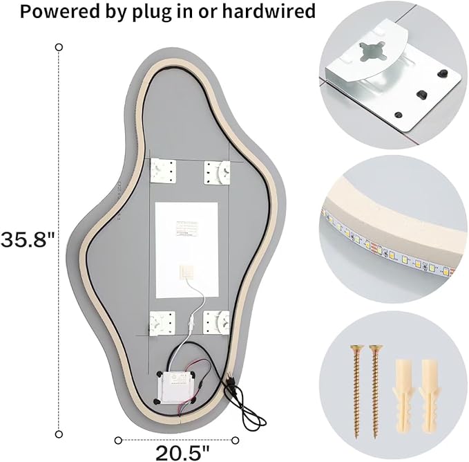 35.8″ Modern Irregular LED Bathroom Mirror with Lights, Asymmetrical Frameless Smart Lighted Wall Mirror for Living Room Entryway, Large Decorative Makeup Vanity Mirror with Touch Switch