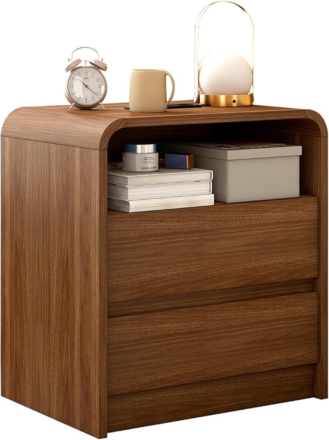 Walnut Nightstand with Charging Station, 21 Inch Wide Night Stand with Deep Drawers, Modern Bedroom Bedside End Table with Rounded Corners Anti-Collision Design for Dorm, Sofa, Office