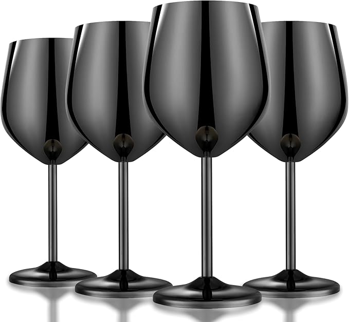 Stainless Steel Wine Glasses Set of 4 Unbreakable Wine Glass 18 oz Unique Metal Wine Goblets for Outdoor, Travel, Camping, Pool, Ideal Gift for Wine Lovers (Mirror-Black)