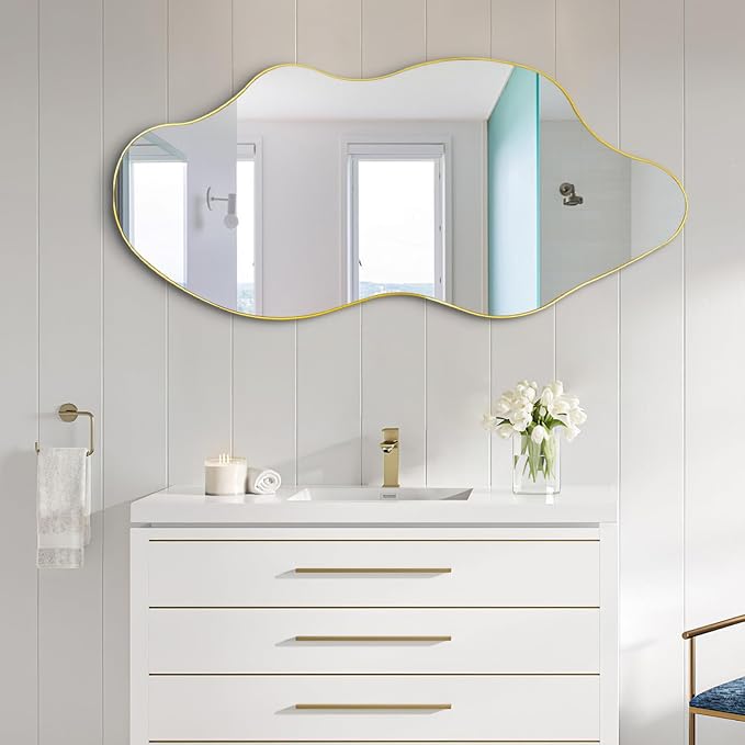 Irregular Frameless Wall Mirror, 47.2"x21.6" Gold Asymmetrical Mirror, Modern Organic Aesthetic Mirror for Living Room Bathroom Bedroom Hallway Entryway, Hangs Vertically or Horizontally