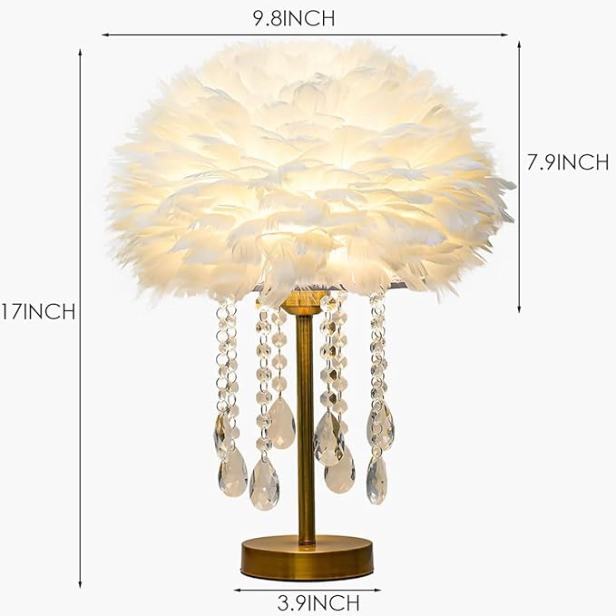 Fandian Feather Table Lamp White with LED Bulb Plug in Feather Night Lights Bedside Lamps for Mother Girlfriend Home Girl Room Wedding Decoration