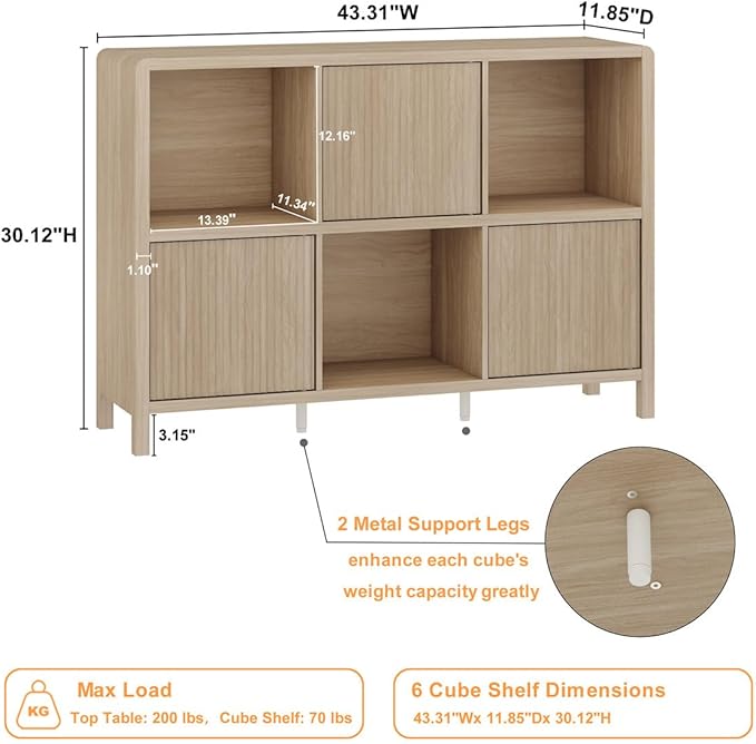 FATORRI 6 Cube Horizontal Bookshelf with 3 Doors, Modern Wood Book Shelf with Storage, Low Cubby Bookcase for Home Office (Light Walnut)