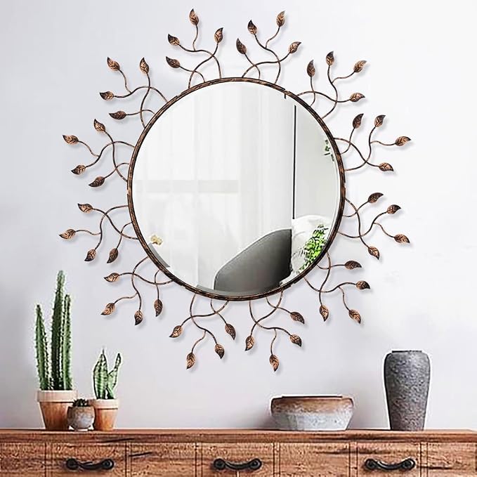 Chende Round Decorative Mirror for Wall Decor, 39" x 39" Large Living Room Mirror with Removable Metal Leaves for Entryway, Home Office, Bedroom,Farmhouse