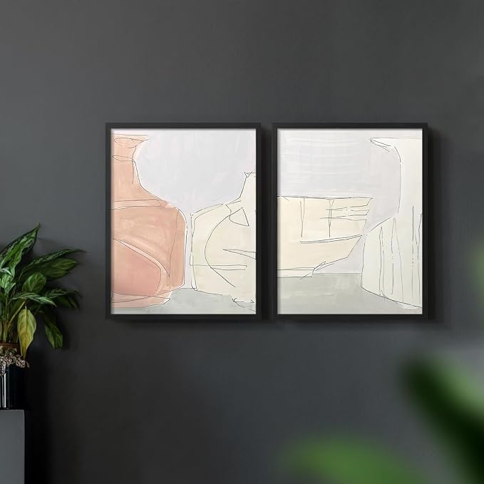 Renditions Gallery Set of 2 Peel & Stick Framed Prints, Neutral Abstract Wall Art, Soft Tones Delicate Linework Wall Decor, Re-Stickable - Ready to Hang - 8"x10" - Black Frame LT588