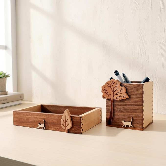 Wooden Desk Tray with Pen Holder Set Natural Wood Office Desk Pencil Pen Cup Holder Paper Clip Storage Sticky Note Holder Organizer Tray for Keys Pen Watch