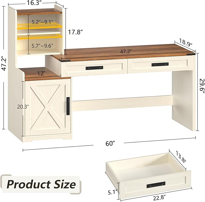 60'' Farmhouse Computer Desk with Drawers, Home Office Desk with Bookcase, Vanity Desk Writing Study Table with Storage, Antique White