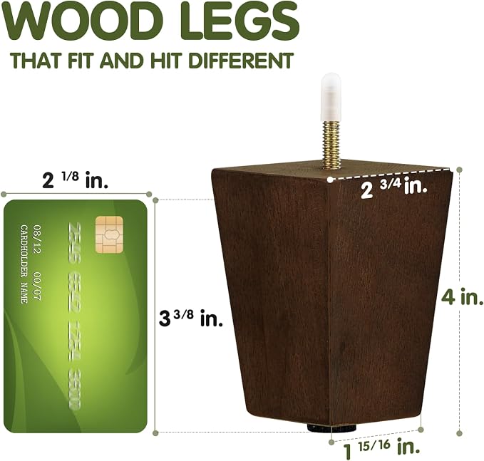 Yes4All 4-Inch Square Wooden Furniture Legs Set of 4, Brown Mid-Century Modern Feet for Sofa, Ottoman, Bench, Dresser, and Table Risers with Adjustable Levelers for Stability and Floor Protection